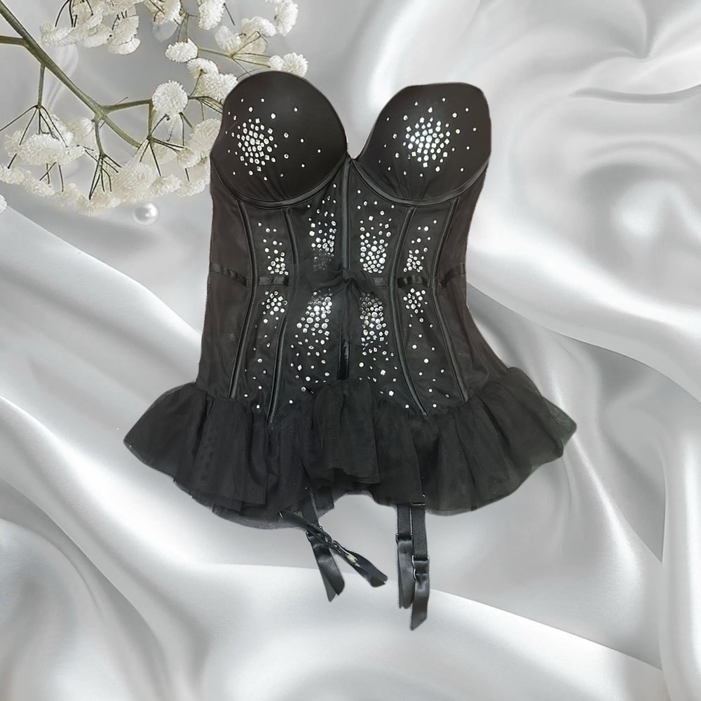 Victorias Secret Elegant Black Corset with Rhinestone Detailing size 34D
